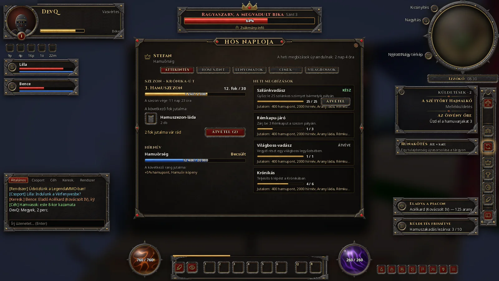 Hero's Journal: season, weekly bounties, renown.